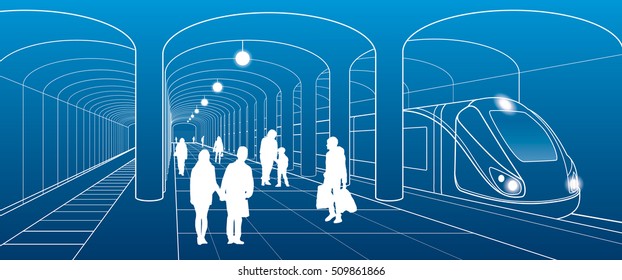 Subway station, people with things got off the train, city scene, transport illustration, white lines on blue background, vector design art