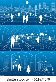 Subway station, people walking, train move. Infrastructure and transport illustration set. Excavators, city scene, white lines on blue background, vector design art