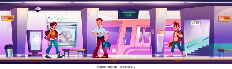 Subway station platform with cartoon passengers and modern metro train. Interior scene with digital displays, navigation map, exit sign and camera. Characters waiting at underground transportation hub