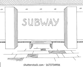 Subway station platform graphic black white sketch illustration vector