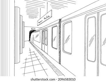 Subway station platform graphic black white sketch illustration vector 