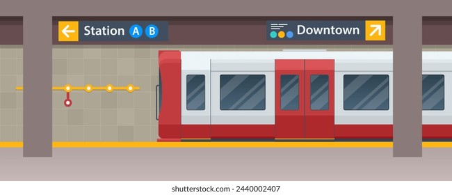 Plataforma de la estación de metro. Tren de alta velocidad. Incluido tren subterráneo, estación y ruta de sección transversal, y puente. Estación de metro, sistema de transporte rápido, plataforma de metro.