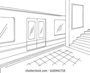 Subway station platform train billboard graphic black white sketch illustration vector