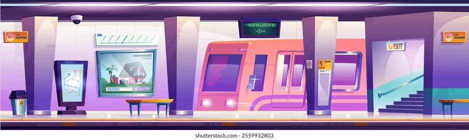 Subway station with platform and train. Vector cartoon illustration of urban public transport for commuters, metro routes map, arrival display on ceiling, waste bins and benches, passenger service