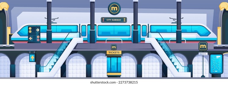 Subway station scene. City metro public passenger terminal, railway underground building with platform for departure and arrival of trains. Vector illustration. Metropolitan service, express trip
