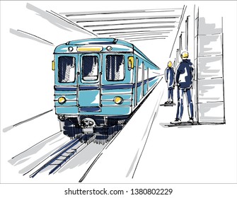 Subway Station Sketch. Arriving Train