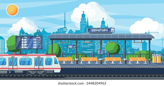 Subway Station with Train. Modern Metro Station Cityscape. Public Transport. Platform with Schedule. Arriving Train. Passenger Express Railway. Railroad Transportation. Flat Vector Illustration