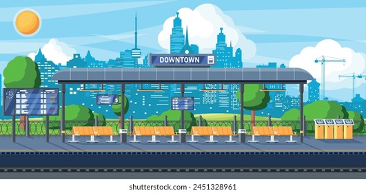 Subway Station with Train. Modern Metro Station Cityscape. Public Transport. Platform with Schedule. Arriving Train. Passenger Express Railway. Railroad Transportation. Flat Vector Illustration