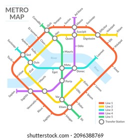 Subway stations map, underground public transport scheme, metro network. Underground urban city metro map vector illustration. Metro public transportation scheme with colorful lines, transfer station