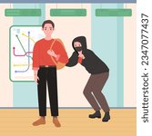 Subway theft vector illustration. Cartoon male robber character stealing wallet or mobile phone from careless passenger with backpack, people standing at road map in interior of metro public station