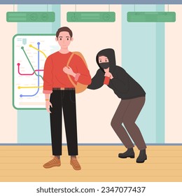 Ilustración vectorial del robo del metro. Caricatura de hombre ladrón personaje robando cartera o teléfono móvil de pasajero descuidado con mochila, personas paradas en la hoja de ruta en el interior de la estación pública del metro