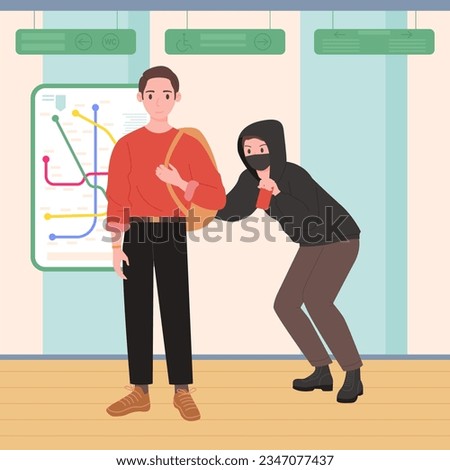 Subway theft vector illustration. Cartoon male robber character stealing wallet or mobile phone from careless passenger with backpack, people standing at road map in interior of metro public station