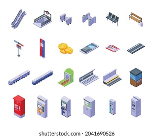 Subway Ticket Machine Icons Set Isometric Vector. Vending Atm. Bank Card