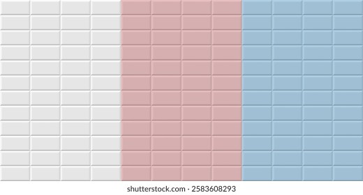 Subway tile background. White, blue and pink metro brick horizontal pattern for kitchen, bathroom or outdoor architecture. Glossy interior design tiled material. Realistic vector illustration.