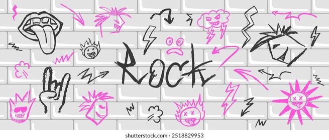 Azulejo del metro con graffiti. Elementos de doodle de rock grunge negro y rosa. Rock n roll, música punk. Ladrillo de pared de Vector con rayos dibujados a carbón, nube, flechas, punks y caras de dibujos animados.