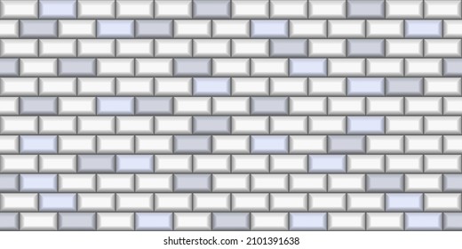 Subway tile, white and blue 3d ceramic tiles for kitchen, bathroom, metro wall and floor texture. Seamless pattern, rectangular blocks, background for interior design. Vector illustration