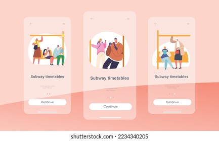 Subway Timetable Mobile App Page Onboard Screen Template. Passengers in Metro Underground Transport. Characters In Underpass Transportation. People Going by Train Concept. Cartoon Vector Illustration