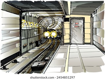 A subway train approaching through a tunnel. Hand-drawn sketch, not AI