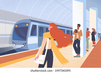 Subway train arriving or leaving metro platform. Urban public transport. Daily city routine. Passengers Male and female characters waiting in modern metro station. Flat cartoon vector illustration