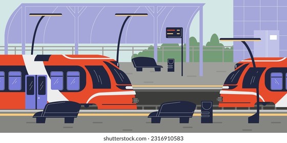 Subway train arriving at metro platform with schedule. Vector illustration of interior of subway in flat doodle design style. Great for flyer, banner, poster for web page, social media ahd print