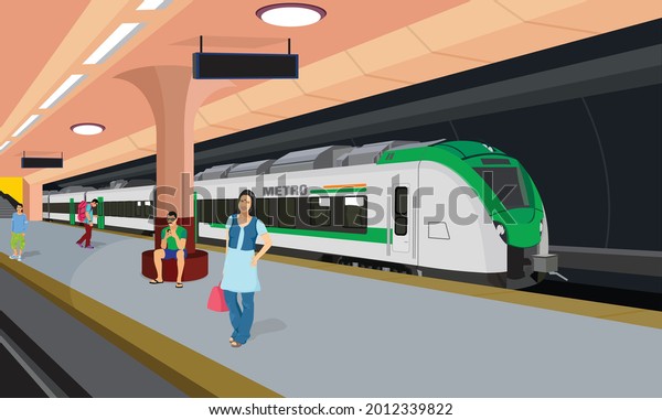 Subway train arriving at metro\
platform. Passengers standing and sitting in modern metro\
station