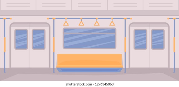 Subway train car inside. Interior with seats, a door for entrance and exit, handrails, window. Vector flat illustration.