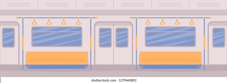 Subway train car inside. Interior with seats, a door for entrance and exit, handrails, window. Vector flat illustration.