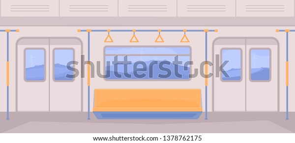 Subway train car inside. Interior with\
seats, a door for entrance and exit, handrails, window. Nature\
landscape background. Vector flat\
illustration.