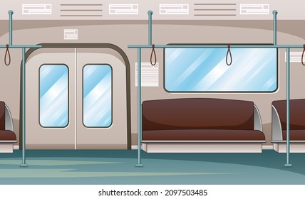 El vagón del tren subterráneo en el interior con fila de asientos y pasamanos