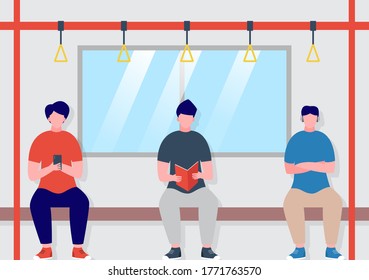 subway train car interior with commuting passengers sitting reading listening to music cartoon vector illustration