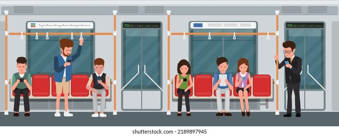 Subway train car interior with commuting passengers sitting reading standing with tablet. Public transport vector concept