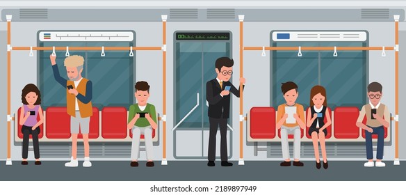 Subway train car interior with commuting passengers sitting reading standing with tablet. Public transport vector concept