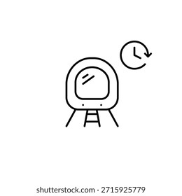 Tren de metro y reloj. Horarios de llegada del transporte público, planificación de rutas programadas y seguimiento. Icono de Vector de trazo perfecto y editable