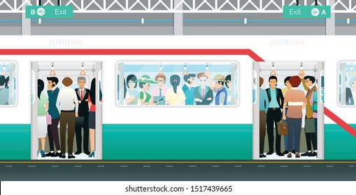 The Subway Train At The Door Is Open And Crowded With People.