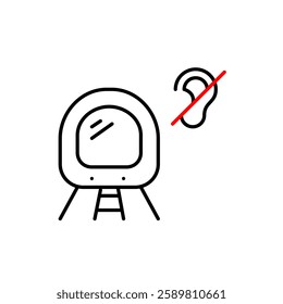 Subway train and ear crossed out. Public transportation accessible for hearing-impaired people. No loud noises, no voice announcements. Pixel perfect, editable stroke vector icon