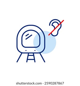 Subway train and ear crossed out. Public transportation accessible for hearing-impaired people. No loud noises, no voice announcements. Pixel perfect, editable stroke vector icon