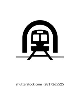 Subway train emerging from rounded arch tunnel, solid black silhouette vector illustration