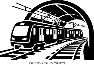 Subway train emerging from tunnel a vintage style illustration