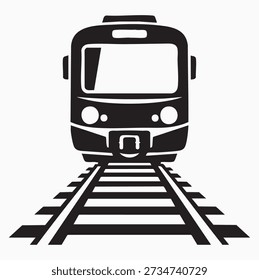 Subway Train Front View on Railway Tracks Black and White Vector