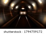 Subway train with glowing headlights in old rusty metro tunnel front view, locomotive on rails. Modern underground commuter transport, railway passenger vehicle, Realistic 3d vector illustration