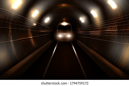 El tren subterráneo con luces brillantes en la vieja vista frontal del túnel de metro oxidado, locomotora en los raíles. Transporte subterráneo moderno, vehículo ferroviario de pasajeros, ilustración realista 3d vectorial