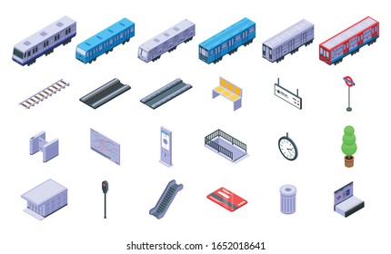 Subway train icons set. Isometric set of subway train vector icons for web design isolated on white background