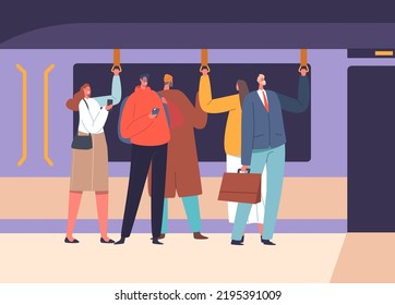 Subway Train Interior with People. Native Citizen Male and Female Characters in Underground Urban Metro. Men and Women Holding Handles in Moving Public Transport. Cartoon Flat Vector Illustration