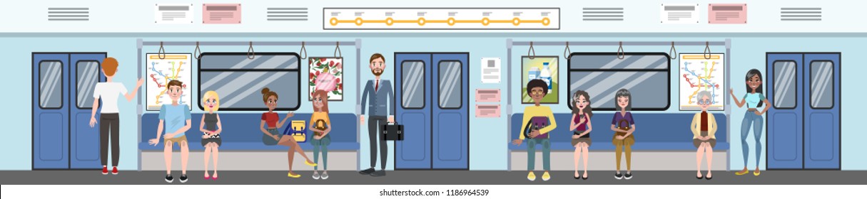 Subway train interior and railway. Passengers in metro with tickets, riding in transport and sitting in the train. Vector flat illustration