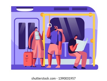 Subway Train Interior with Tourists with Baggage and Native Citizens. Male and Female Characters in Underground Urban Metro. People Using Public Transport for Moving. Cartoon Flat Vector Illustration