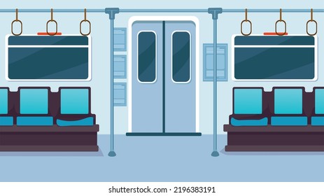 Iluminación vectorial del tren de metro. Transporte público en metro urbano sin pasajeros. Diseño de concepto de metro vacío. Concepto de vectores planos de tranvía o autobús urbano