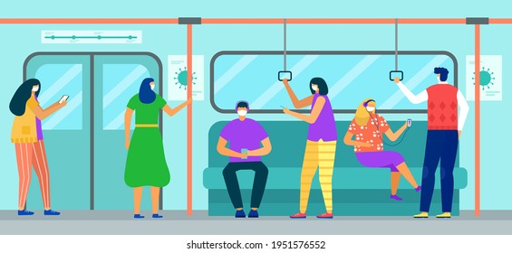 Subway train with man woman character while coronavirus, virus, vector illustration. People passenger in face mask transportation.