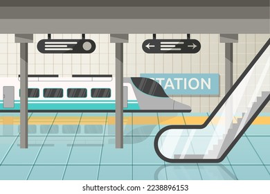 Subway train metro station. Underground hall. Rail transport platform. Public commute. Wagon windows. Hallway with escalator. Passenger transportation. Vector cartoon garish illustration