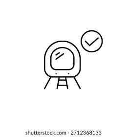 Tren subterráneo sobre rieles y marca de verificación. Transporte certificado, tránsito aprobado. Icono de Vector de trazo perfecto y editable