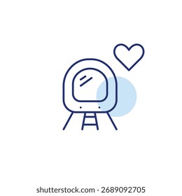 Trem de metrô em trilhos e coração. Trânsito com cuidado, rotas favoritas. Pixel perfeito, ícone de vetor de traçado editável